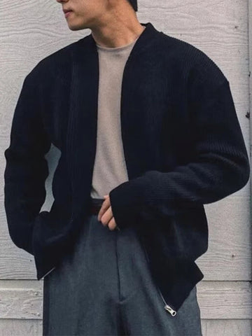 AIDASE  -  Vintage Zip-up Crew Neck Knit Cardigans Mens Fashion Solid Color Knitting Jacket Coats Men Fall Casual Long Sleeve Slim Jackets aidase-shop